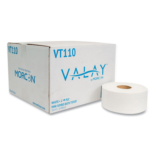 MORVT110 Valay Mini Jumbo Bath Tissue, Septic Safe, 2-Ply, 3.25" x 750 ft, White, 12 Rolls/Carton