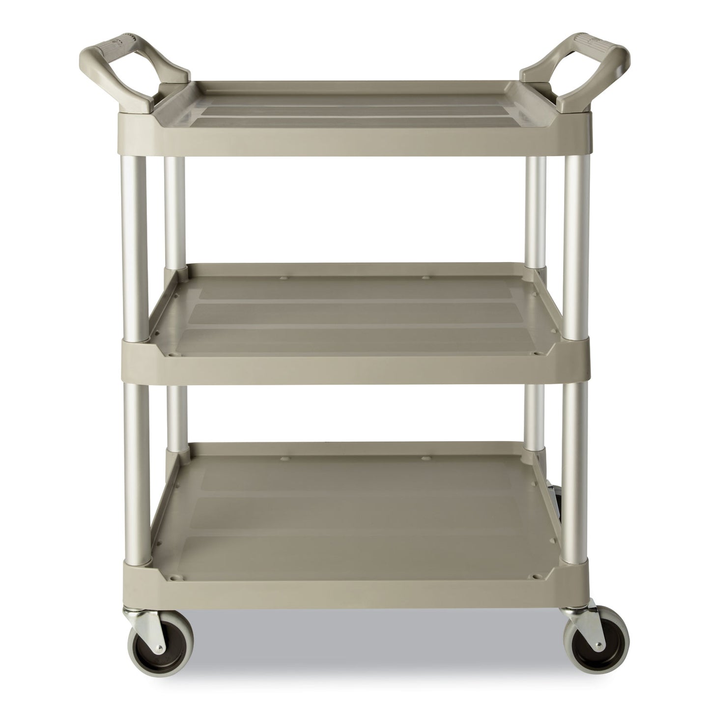 RCP342488PM Three-Shelf Service Cart, Plastic, 3 Shelves, 200 lb Capacity, 18.63" x 33.63" x 37.75", Platinum