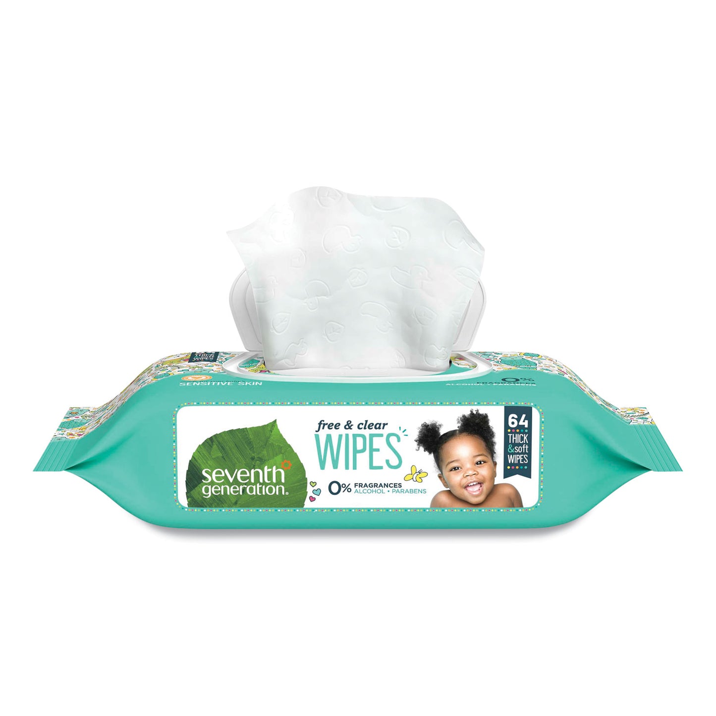 SEV34208CT Free and Clear Baby Wipes, 7 x 7, Unscented, White, 64/Flip Top Pack, 12 Packs/Carton