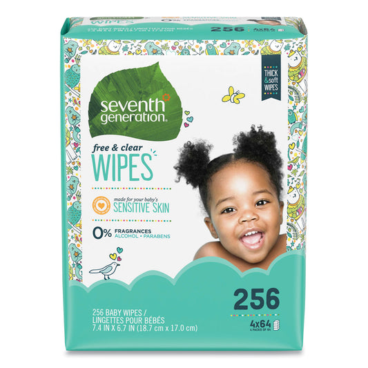 SEV34219CT Free and Clear Baby Wipes, 7 x 7, Refill, Unscented, White, 256/Pack, 3 Packs/Carton
