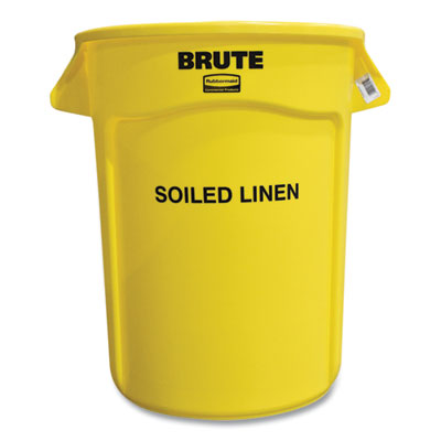 RCP263294YEL Vented Round Brute Container, "Soiled Linen" Imprint, 32 gal, Plastic, Yellow RUBBERMAID COMMERCIAL PROD.