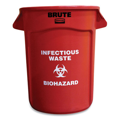 RCP263294RED Vented Round Brute Container, "Infectious Waste: Biohazard" Imprint, 32 gal, Plastic, Red RUBBERMAID COMMERCIAL PROD.