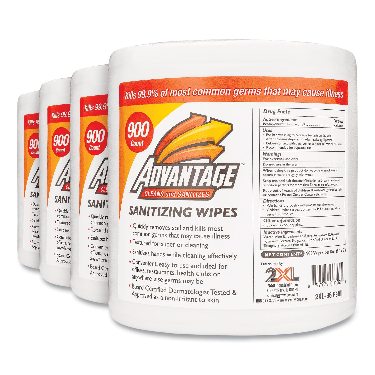 TXLL36R Gym Wipes Advantage, 1-Ply, 6 x 8, Unscented, White, 900/Roll, 4 Rolls/Carton 2XL