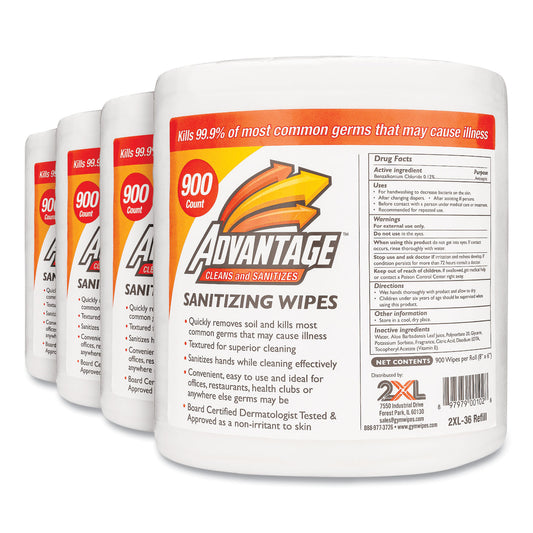 TXLL36R Gym Wipes Advantage, 1-Ply, 6 x 8, Unscented, White, 900/Roll, 4 Rolls/Carton 2XL