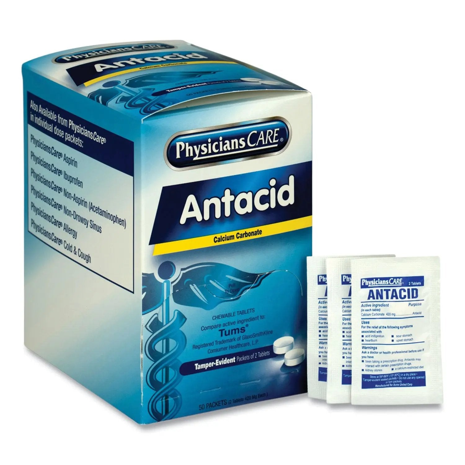 ACM90089 Antacid Calcium Carbonate Medication, Two-Pack, 50 Packs/box PhysiciansCare