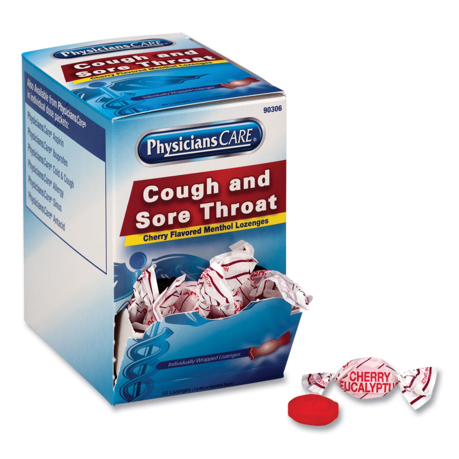 ACM90306 Cough and Sore Throat, Cherry Menthol Lozenges, Individually Wrapped, 50/Box PhysiciansCare