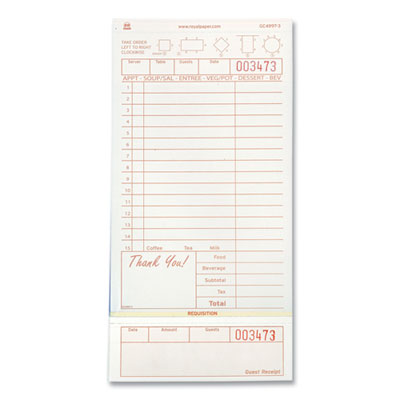 RPPGC49973 Guest Check Loose-Pack Refill, 15 Lines, Three-Part Carbonless, 4.2 x 8.5, 200 Forms/Pad, 10 Pads/Carton