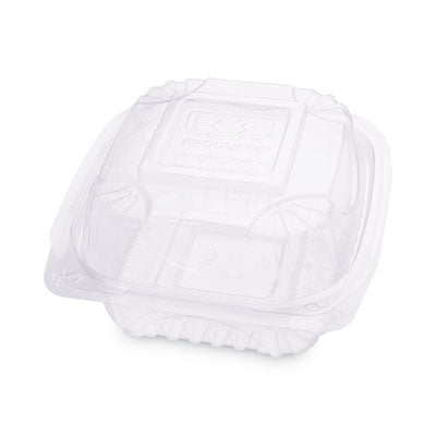 ECOEPLC6 Renewable and Compostable Clear Clamshell Hinged Food Containers, 6 x 6 x 3, Plastic, 80/Pack, 3 Packs/Carton