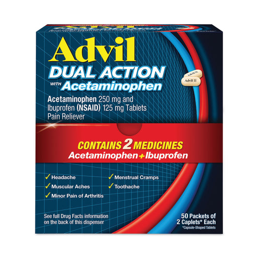 AVL014795 Dual Action with Acetaminophen and Ibuprofen Caplets, 50 Packets of 2 Caplets