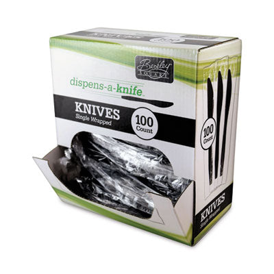 BSQBEP90200 Dispens-a-Knife, Individually Wrapped, Mediumweight Knife, Plastic, Black, 100/Box