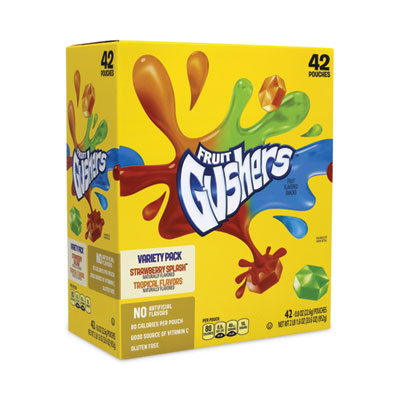 GRR22001036 Fruit Gushers Fruit Snacks, Strawberry and Tropical Fruit Flavors, 0.8 oz, 42 Pouches/Carton