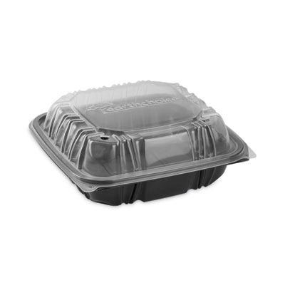 PCTDC757100B000 EarthChoice Vented Dual Color Microwavable Hinged Lid Container, 28 oz, 7.5 x 7.5 x 3, Black/Clear, Plastic, 150/Carton