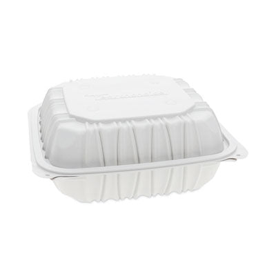 PCTYCNW0851 EarthChoice Vented Microwavable MFPP Hinged Lid Container, 8.5 x 8.5 x 3.1, White, Plastic, 146/Carton