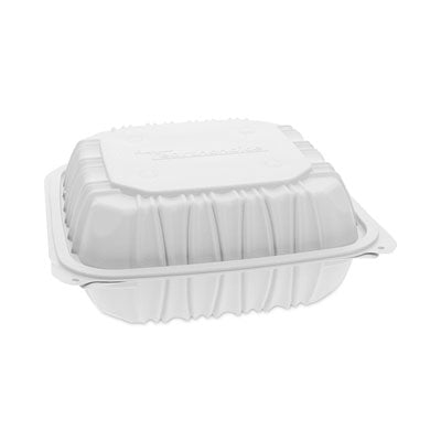 PCTYCNW0853 EarthChoice Vented Microwavable MFPP Hinged Lid Container, 3 Compartments, 8.5 x 8.5 x 3.1, White, Plastic, 146/Carton