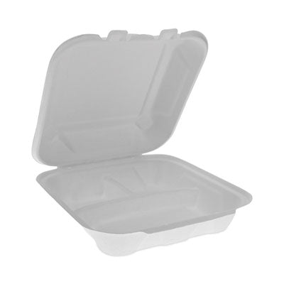 PCTYMCH08030001 EarthChoice Bagasse Hinged Lid Container, 3 Compartments, Dual Tab Lock, 7.8 x 7.8 x 2.8, Natural, Sugarcane, 150/Carton