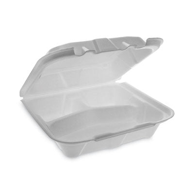 PCTYTD18803ECON Vented Foam Hinged Lid Container, Dual Tab Lock Economy, 3 Compartments, 8.42 x 8.15 x 3, White, 150/Carton