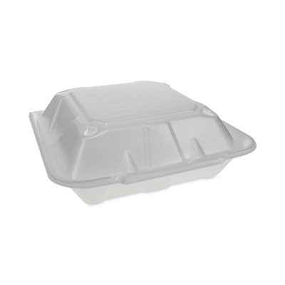PCTYTD19903ECON Vented Foam Hinged Lid Container, Dual Tab Lock Economy, 3 Compartments, 9.13 x 9 x 3.25, White, 150/Carton