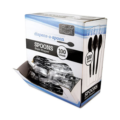 BSQBEP90206 Dispens-a Spoon, Individually Wrapped, Mediumweight Spoon, Plastic, Black, 100/Box