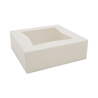 SCH24013 White Window Bakery Boxes with Attached Flip Top, 4-Corner Beers Design, 8 x 8 x 2.5, White, Paper, 200/Carton