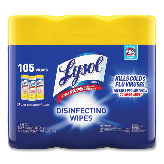 RAC82159PK Disinfecting Wipes, 1-Ply, 7 x 7.25, Lemon and Lime Blossom, White, 35 Wipes/Canister, 3 Canisters/Pack