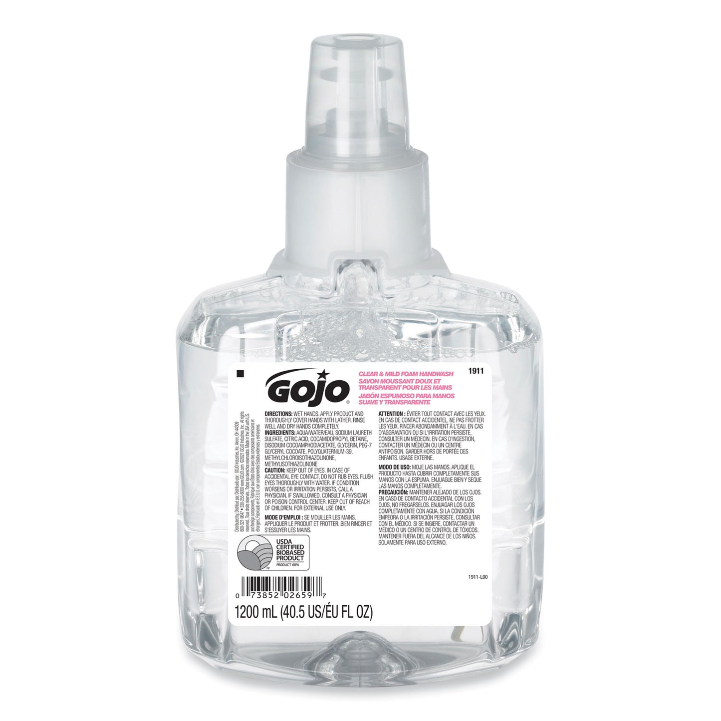 GOJ191102EA Clear and Mild Foam Handwash Refill, For LTX-12 Dispenser, Fragrance-Free, 1,200 mL