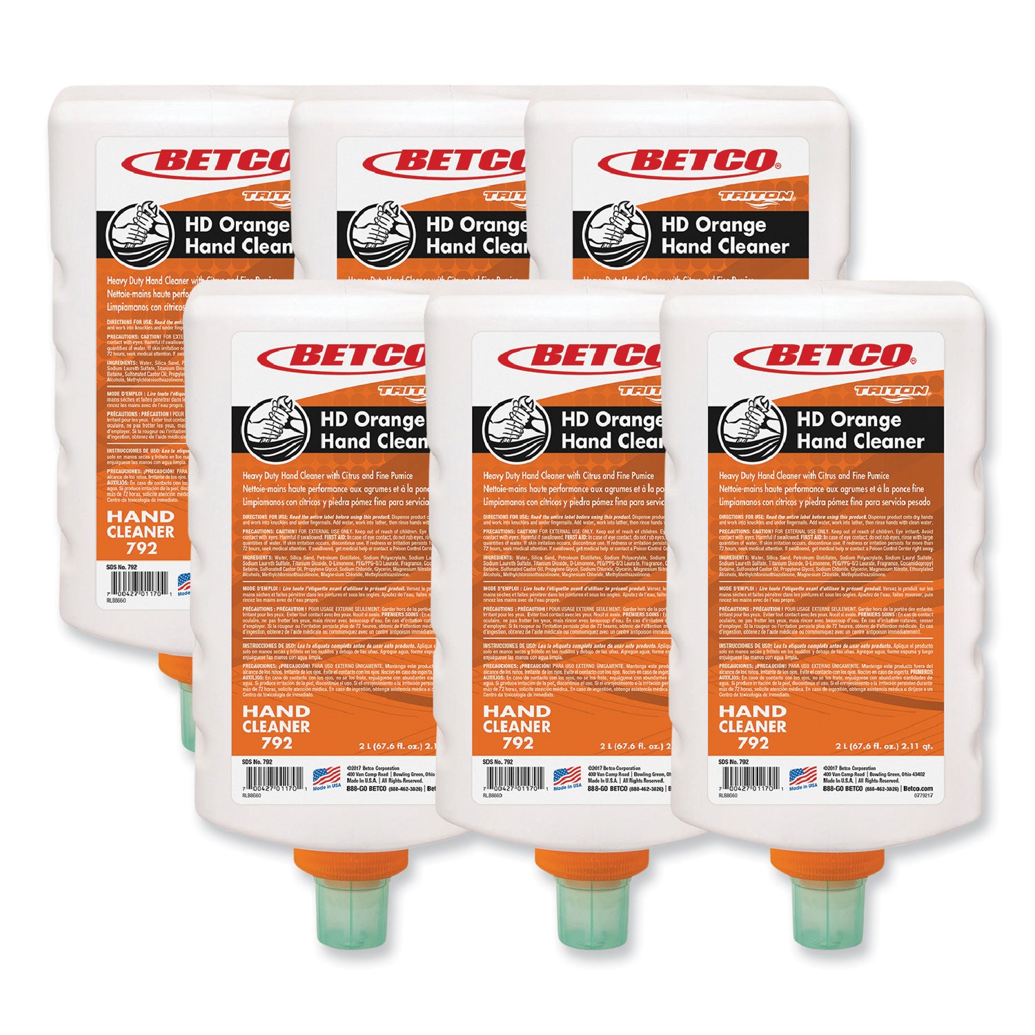 BET7926200 HD Orange Hand Cleaner Refill for Triton Dispensers, Citrus Zest Scent, 2 L, 6/Carton Betco