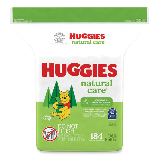 KCM31816 Natural Care Sensitive Baby Wipes, 1-Ply, 3.88 x 6.6, Unscented, White, 184/Pack, 3 Packs/Carton Huggies