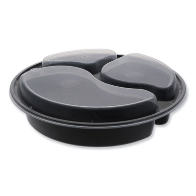 PCTNC9388B Newspring VERSAtainer Microwavable Containers, Round, 3 Compartments, 39 oz, 9 x 9 x 2.25, Black/Clear, Plastic, 150/Carton