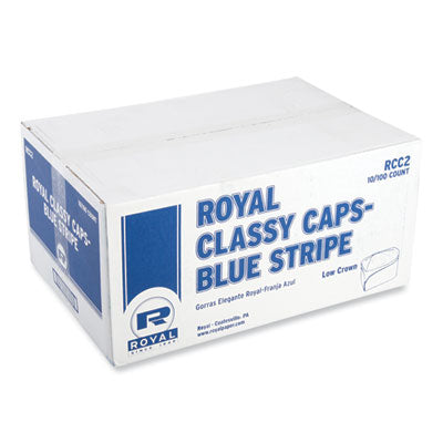 RPPRCC2 Classy Cap, Crepe Paper, Adjustable, One Size Fits All, White/Blue Stripe, 100 Caps/Pack, 10 Packs/Carton