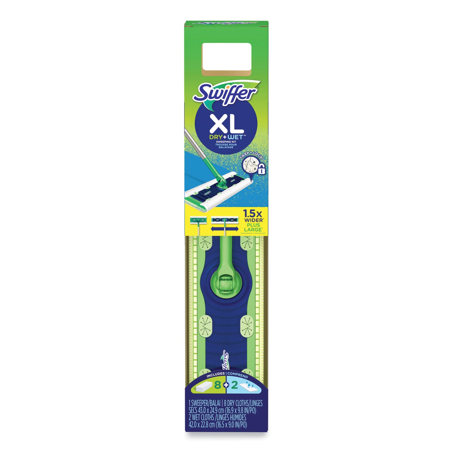 PGC01096 Sweeper Mop, XL Dry + Wet Sweeping Kit, 16.5 x 9 White Cloth Head, 46" Green/Silver Aluminum/Plastic Handle