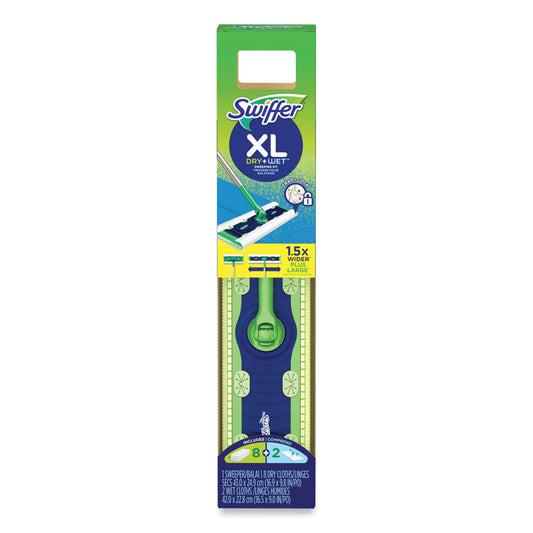 PGC01096 Sweeper Mop, XL Dry + Wet Sweeping Kit, 16.5 x 9 White Cloth Head, 46" Green/Silver Aluminum/Plastic Handle