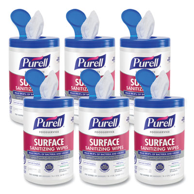 GOJ934106CT Foodservice Surface Sanitizing Wipes, 1-Ply, 10 x 7, Fragrance-Free, White, 110/Canister, 6 Canisters/Carton GO-JO INDUSTRIES