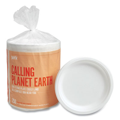 PRK61287 PFAS-Free Compostable Bagasse Plates, Sugarcane, 9" dia, White, 250/Pack