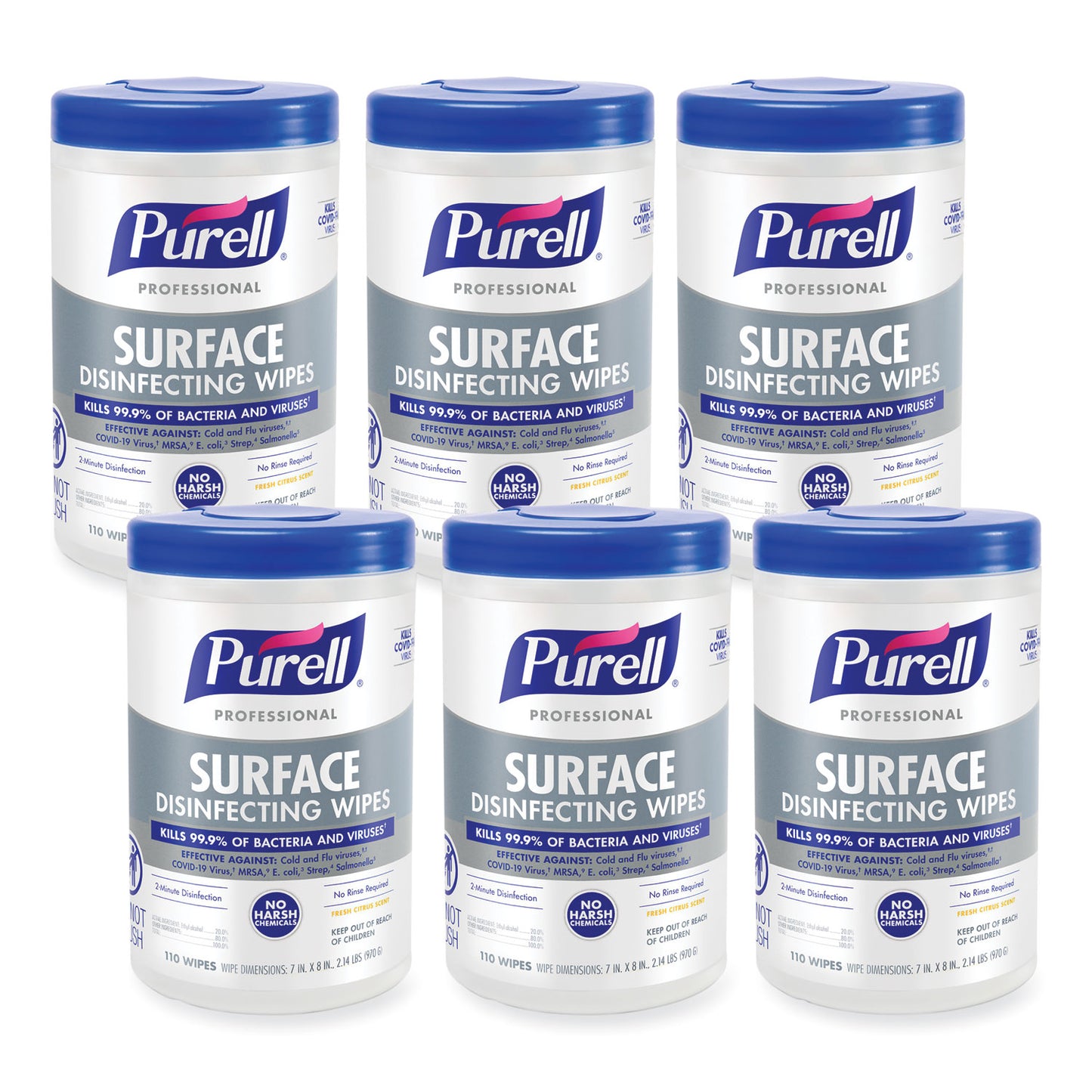 GOJ934206CT Professional Surface Disinfecting Wipes, 1-Ply, 7 x 8, Fresh Citrus, White, 110/Canister, 6 Canisters/Carton
