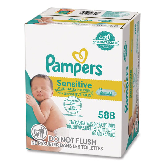 PGC07325 Sensitive Baby Wipes, 1-Ply, 6.7 x 7, Unscented, White, 84/Pack, 7/Carton Pampers