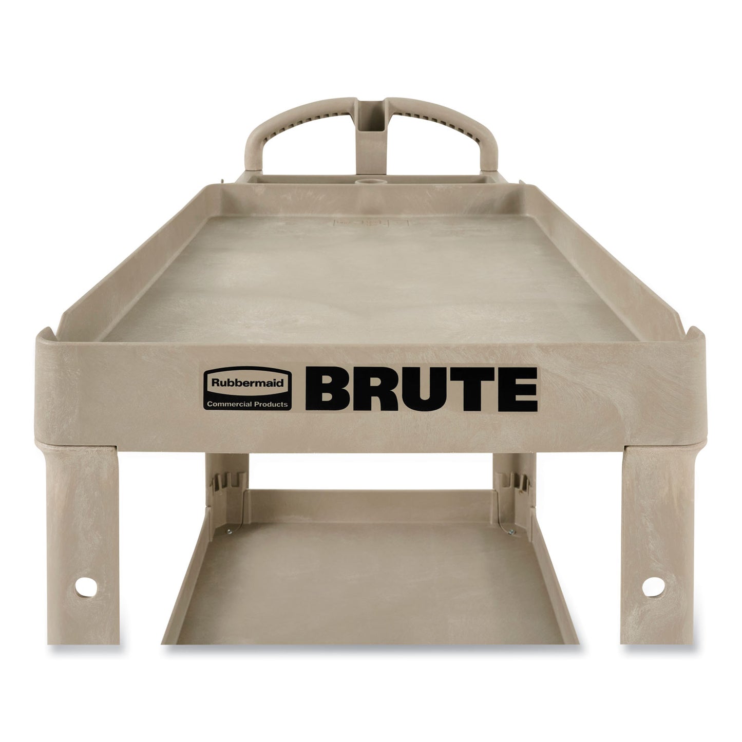 RCP450088BG BRUTE Heavy-Duty Utility Cart with Lipped Shelves, Plastic, 2 Shelves, 500 lb Capacity, 17.13" x 38.5" x 38.88", Beige