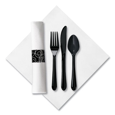 HFM119971 CaterWrap Heavyweight Cutlery Combo Kit, Fork/Knife/Napkin/Spoon, Plastic, Black, 100/Carton