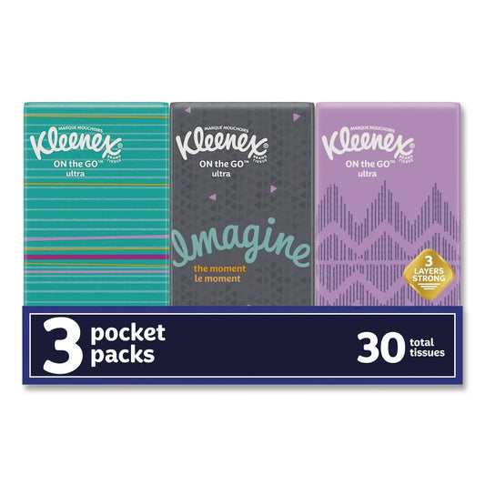 KCM11976 On The Go Packs Facial Tissues, 3-Ply, White, 10 Sheets/Pouch, 3 Pouches/Pack, 36 Packs/Carton Kleenex