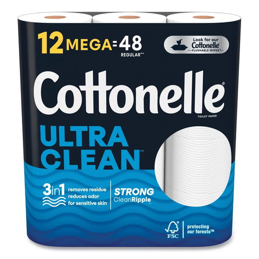 KCM55489 Ultra CleanCare Toilet Paper, Strong Tissue, Septic Safe, 1-Ply, White, 284 Sheets/Roll, 12 Rolls/Pack, 48 Rolls/Carton Cottonelle
