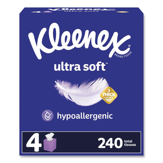 KCM54308 Ultra Soft Facial Tissue, 3-Ply, White, 60 Sheets/Box, 4 Boxes/Pack, 12 Packs/Carton Kleenex