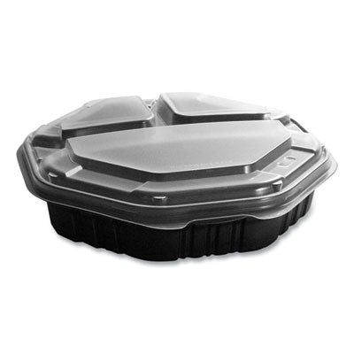 SCC809014PP94 OctaView Hinged-Lid Hot Food Containers, 3 Compartments, 38 oz, 9.55 x 9.1 x 2.4, Black/Clear, Plastic, 100/Carton