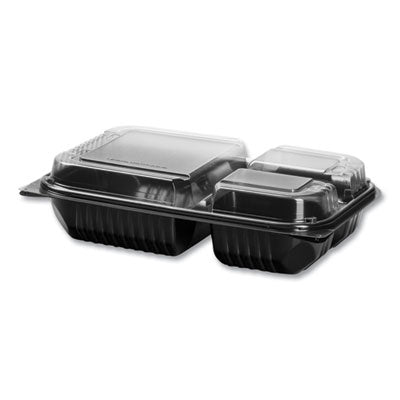 SCC919019PM94 Hinged-Lid Dinner Box, 3 Compartments, 32 oz, 11.5 x 8.1 x 3, Black/Clear, Plastic, 100/Carton