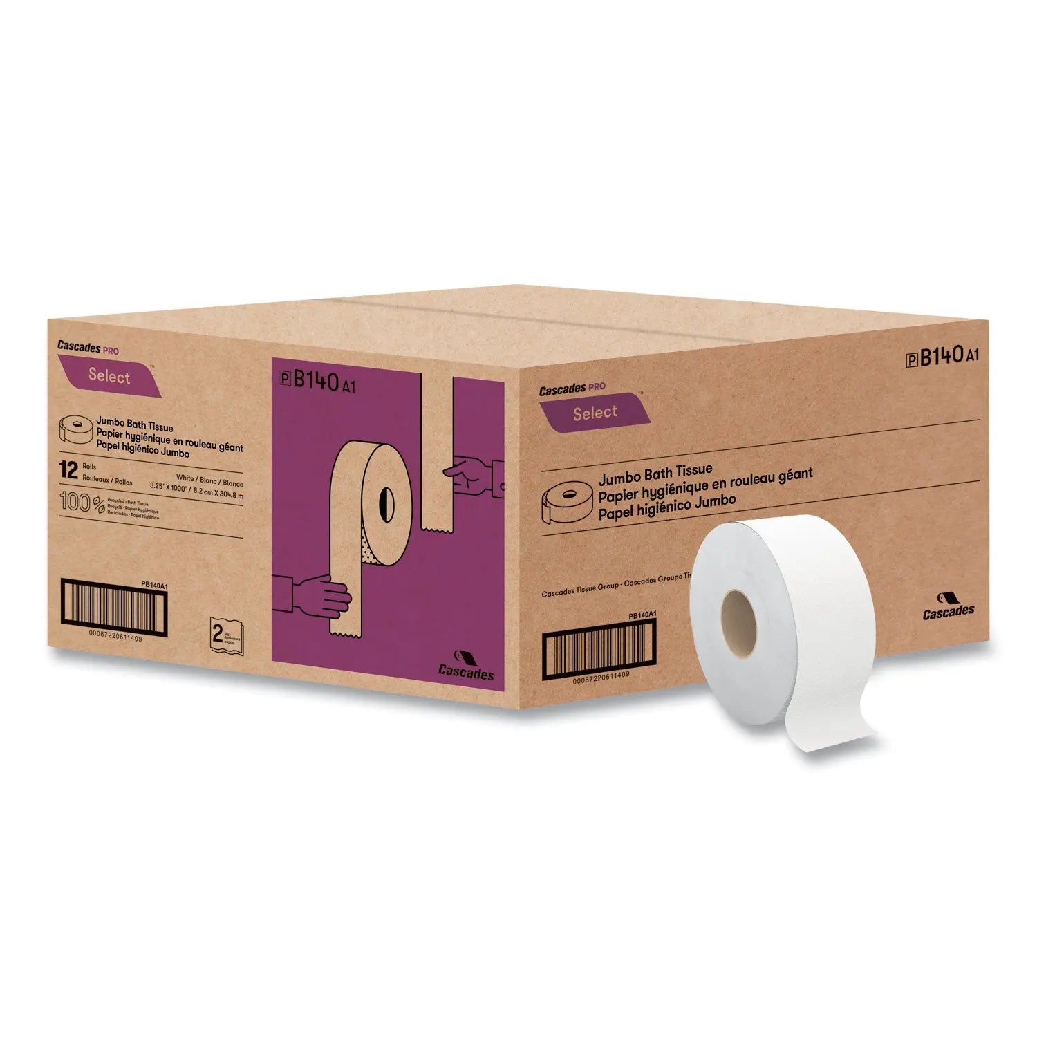 CSDB140 Select Jumbo Bath Tissue, Septic Safe, 2 Ply, 3.3