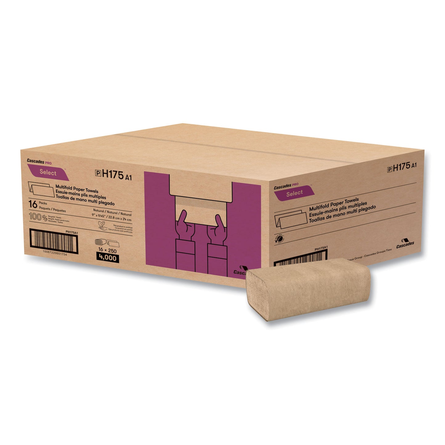 CSDH175 Select Folded Towels, Multifold, 1-Ply, 9 x 9.45, Natural, 250/Pack, 16 Packs/Carton