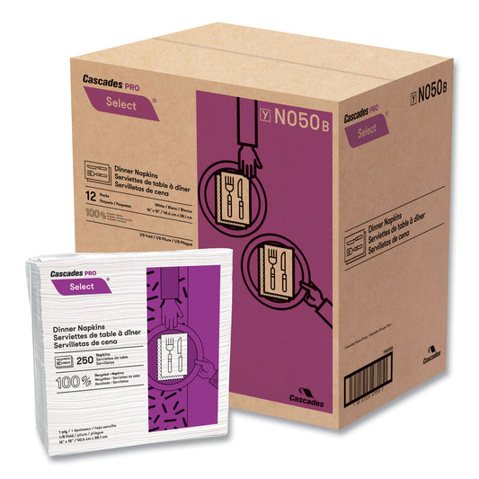 CSDN050 Select Dinner Napkins, 1-Ply, 16 x 15, White, 250/Pack, 12/Carton
