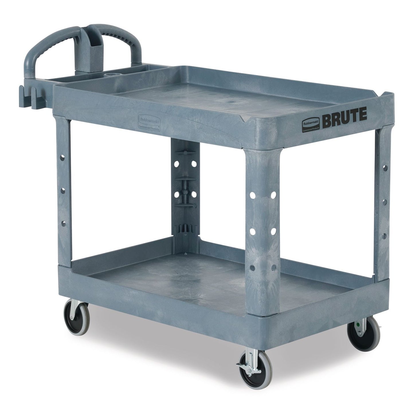 RCP2192464 BRUTE Heavy-Duty Ergo Handle Utility Cart, Plastic, Two Shelves, 500 lb Capacity, 25.5" x 44" x 39", Gray