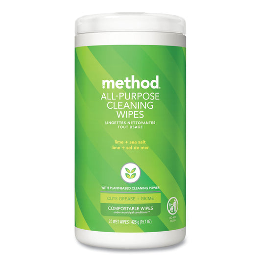 MTH338525 All Purpose Cleaning Wipes, 1 Ply, Lime and Sea Salt, White, 70/Canister, 6/Carton