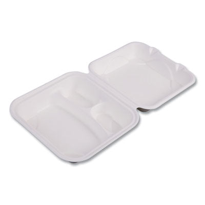 ECOEPHC83NFA Vanguard Renewable and Compostable Sugarcane Clamshells, 3 Compartments, 8 x 8 x 3, White, 200/Carton