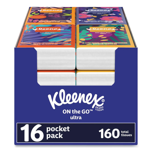 KCM54635 On The Go Packs Facial Tissues, 3-Ply, White, 10 Sheets/Pouch, 16 Pouches/Pack, 6 Packs/Carton Kleenex
