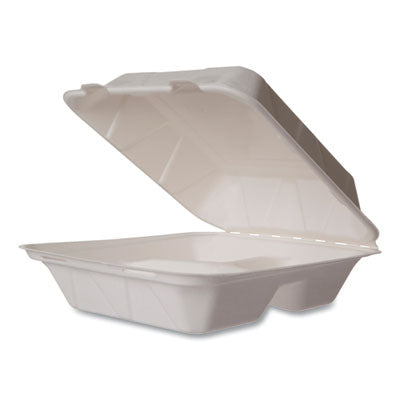 VEGWHBRG83HW White Molded Fiber Clamshell Containers, Compostable, 3 Compartments, 7.9 x 7.9 x 2.9, White, Sugarcane, 200/Carton